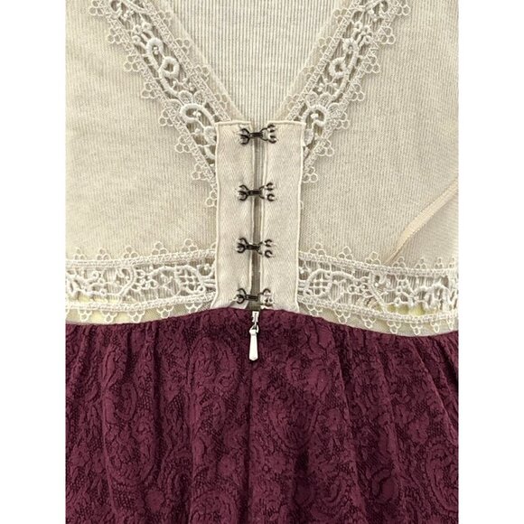 Free People Coquette Size 4 Burgundy Ivory Lace Long-Sleeve Bell Cuffs Lined - Picture 4 of 9